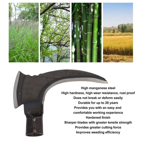 Durable High Manganese Steel Double Sickle For Outdoor Mowing And Weeding with sharp blade and product features on display
