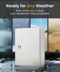 Rock Solid Lockable Metal Electrical Junction Box With IP65 Weatherproof Cover For Indoor Outdoor Projects shown protecting against weather.