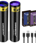 Powerful Dual UV Flashlight 365nm 395nm Mini Wood Lamp USB C Rechargeable Ultraviolet Blacklight 2 Pack with cables