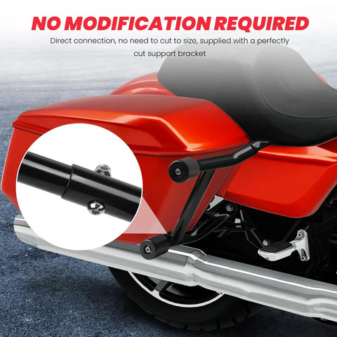 Badass Saddlebag Guard Crash Bar For Harley Touring Motorcycles Street Glide Road Glide Road King Electra Ultra Limited 2014 To 2026 showing direct connection with support bracket.