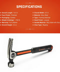 16 Oz Beefy Steel Rip Hammer For Heavy Duty Demolition And Framing Work With Rugged Head And Comfort Grip Handle Meets ANSI And ASME Standards Built For Pros And DIY Enthusiasts displayed on specifications background