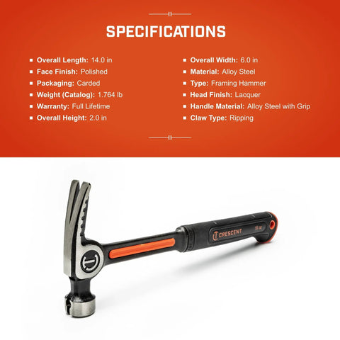 16 Oz Beefy Steel Rip Hammer For Heavy Duty Demolition And Framing Work With Rugged Head And Comfort Grip Handle Meets ANSI And ASME Standards Built For Pros And DIY Enthusiasts displayed on specifications background