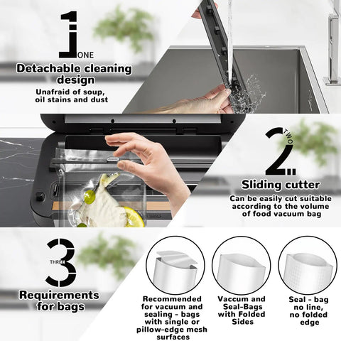 11 In 1 Smart Food Vacuum Sealer With 95 KPa Power featuring detachable cleaning, sliding cutter, and bag requirements.
