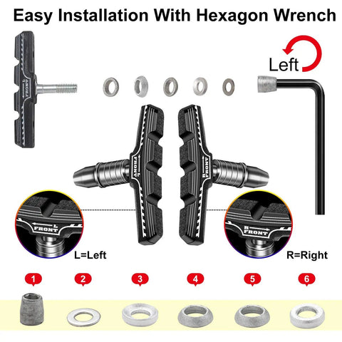 Long Lasting Bike Brake Pads Set With Universal 70mm V Brake Shoes Includes Hex Nut Tools And Shims Installation Guide