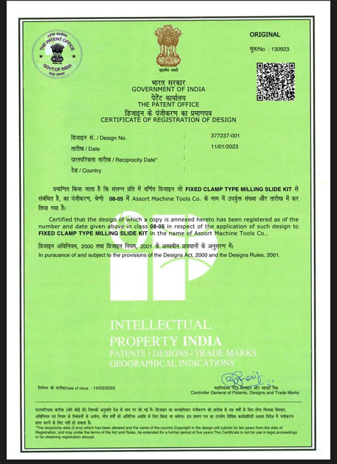 Design Patent Certificate for Mini Vertical Milling Slide with Base Plate Fixed Clamp Type for 7x14 Mini Lathe