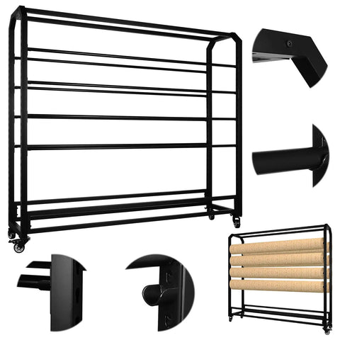 Hella Sturdy Fabric Roll Storage Rack With Smooth Riding Casters And Adjustable Hanging Rod Display Shelf For Leather Wallpaper Rolls, steel frame with detailed connections.