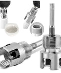 2 Pack Pipe Threading Tool For Internal And External Threads Dual End One Half Inch And Three Quarter Inch NPT Dies For PPR PVC MPP Pipes With Hex Shank For Power Drills And Inside Pipe Cutter DIY Friendly Silver showing close-up of threading ends and hex shank