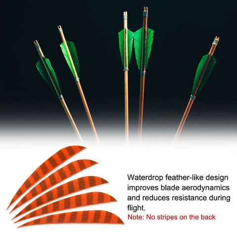 Shield Cut Arrow Vanes 10 Pack Four Inch Turkey Feather Fletching Orange Right Wing displayed next to green-fletched arrows.