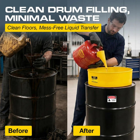 Yellow Pro Grade Spill Reducing Drum Transfer Funnel For 30 And 55 Gallon Drums used to reduce spills during liquid transfer