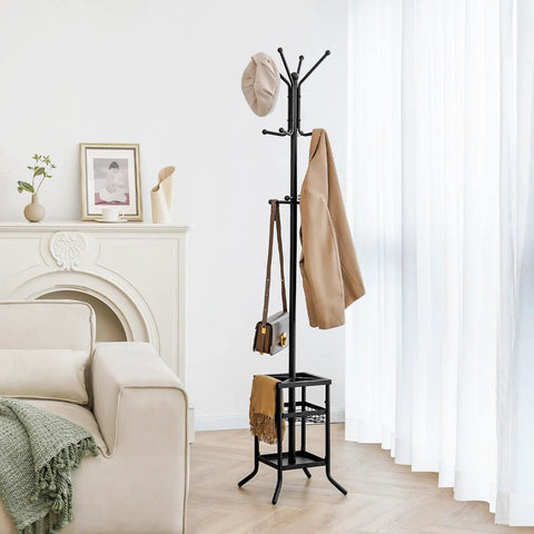 Freestanding Coat Rack With Umbrella Holder Twelve Hooks Three Tier Metal Coat Tree For Entryway Living Room Or Office