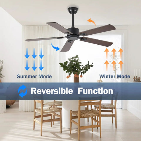 52 Inch Wood Dual Finish Ceiling Fan With Remote, Reversible DC Motor shown in dining room, summer and winter modes displayed