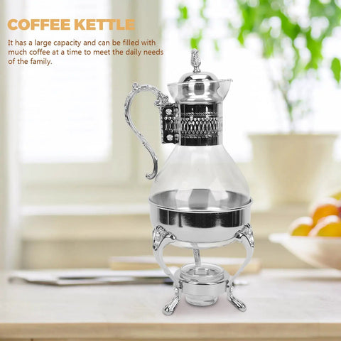 Heatable Turkish Teapot For Coffee And Tea With Lid Glass Water Kettle Pottery Ceramic Turkish Style Teapot Zinc Alloy Stove Ready For Hot Brews In The Kitchen, glass body on zinc alloy stand, in kitchen setting