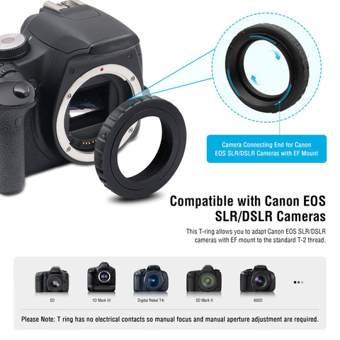 Canon EOS T Ring And 1.25 Inch Telescope Adapter Kit With M42x0.75 Male Thread T2 Ring near EOS DSLR camera mount.