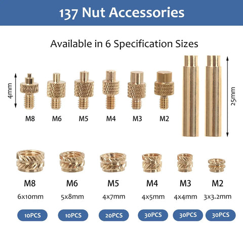 All In One Plastic Repair And Assembly Kit With Heat Set Inserts And 60W Digital Soldering Iron, M2 To M8 Brass Insert Tips display