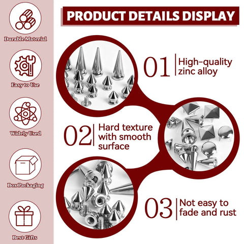 600 Piece Punk Spikes And Studs Kit detail showing zinc alloy cone spikes, pyramid studs, and dome studs for DIY projects