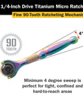 Quarter Inch Drive 90 Tooth Micro Ratchet With Full 252 Degree Swivel Head So You Can Get At Tight Corners Ergonomic Knurled Handle