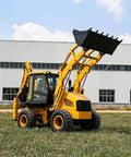 Versatile Backhoe Loader With Customizable Attachments For Digging Excavation And Loading On Farms And Construction Sites A Flexible All In One Earth Moving Powerhouse For Real World Jobs, shown on grass field, lifting front bucket