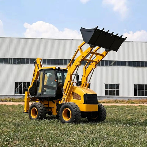 Versatile Backhoe Loader With Customizable Attachments For Digging Excavation And Loading On Farms And Construction Sites A Flexible All In One Earth Moving Powerhouse For Real World Jobs, shown on grass field, lifting front bucket