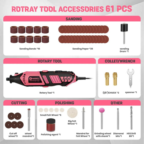 Rock Solid Corded Rotary Tool Kit With 180 Watt Motor Variable 8000 To 35000 Rpm Six Speed Controls And A Knockout 61 Pc Accessory Set layout.