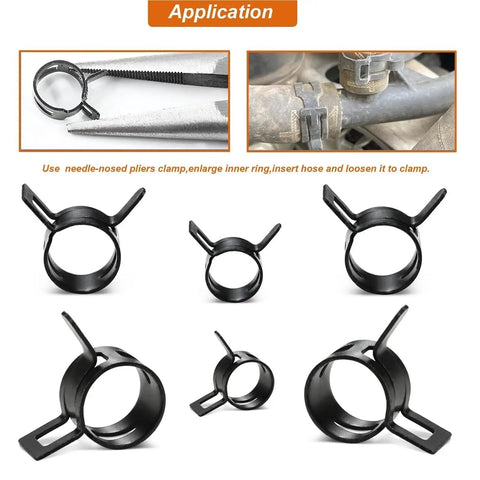Application of Massive 350 Piece Stainless Steel Spring Hose Clamp Kit For 6 To 19mm Hoses Pro Grade High Pressure Fuel And Air Lines Heavy Duty Clamp Set Versatile Assortment with multiple clamp sizes displayed.