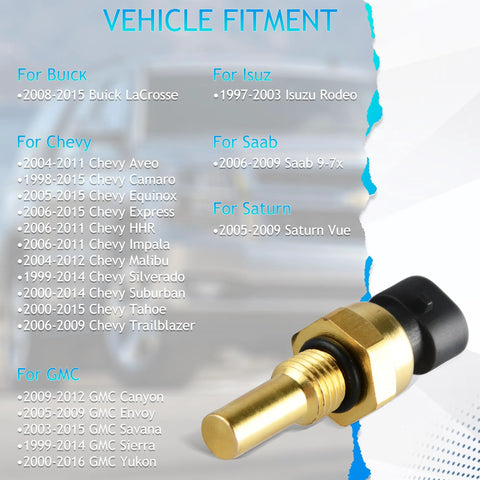 Side view of engine coolant temperature sensor with brass body and black plastic cap, for GM vehicles