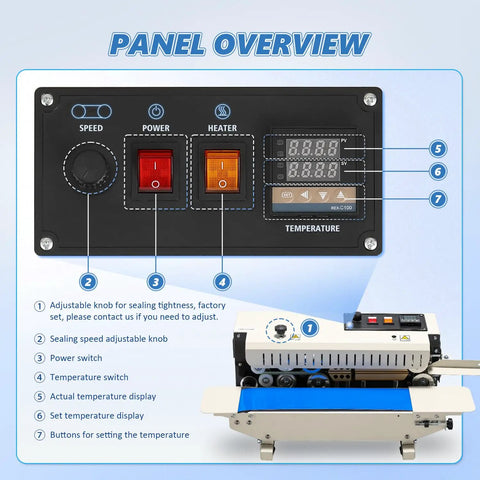 Control panel of Heavy Duty Pro Grade Industrial Heat Sealer Machine with Digital Temperature Control.