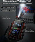 Auto Range True RMS Digital Multimeter with USB Rechargeable Battery displaying reading near electrical panel.
