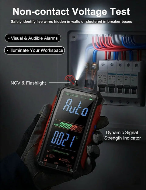 Auto Range True RMS Digital Multimeter with USB Rechargeable Battery displaying reading near electrical panel.