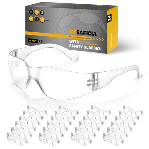 Bulk Pack 24 Clear Safety Glasses With UV Protection And Impact Resistant Lenses, ANSI Z87.1 Certified box and product display