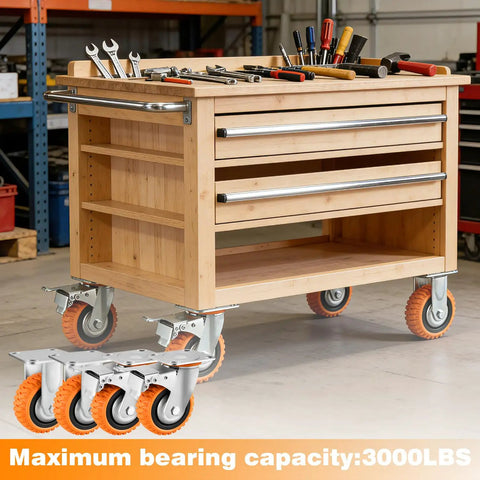 Heavy Duty Five Inch Polyurethane Caster Wheels With Rock Solid Dual Lock Brakes and Slick 360 Degree Swivel for tool cart.