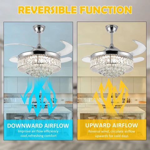 36 Inch Invisible Ceiling Fan Chandelier With Retractable ABS Blades Remote Control Modern Crystal Design in dining area displaying reversible airflow function