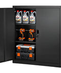 Sturdy 41.7 Inch Metal Storage Cabinet With 3 Tiers, 2 Adjustable Shelves, Lockable Magnetic Doors And 2 Keys, Heavy-Duty Steel Garage Pantry For Workshop, Basement, Office, Black open with tools stored inside