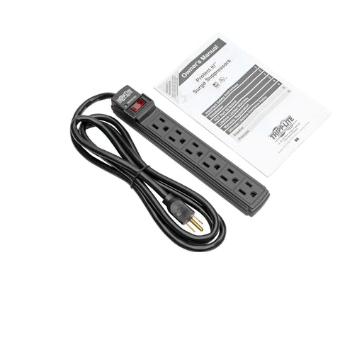 Six Outlet Surge Protector Power Strip With Six Foot Cord Black No Brainer Lifetime Guarantee And Ten Thousand Insurance Coverage