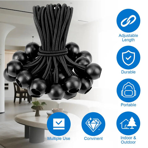 9 Inch Ball Bungee Cords Heavy Duty Tie Down Kit displayed with icons for adjustable, durable, portable in a modern room.