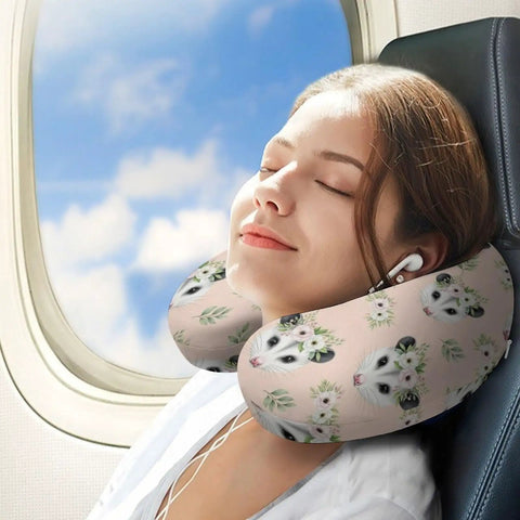 Woman resting on airplane with Women's Neck Pillow For Travel And Sleep, Ultra Soft Yet Durable Polyester, Cute Possum Design