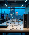 Ten Pack Black Disk Drive Rubber Belts Replacement Kit for Xbox 360 and Rock Tumblers, arranged in a pyramid shape on table.