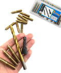 12 Pack Three Eighths Inch By Sixteen Threads Hanger Bolts With Pro Grade Alloy Steel Driver And HSS Twist Drill shown in hand