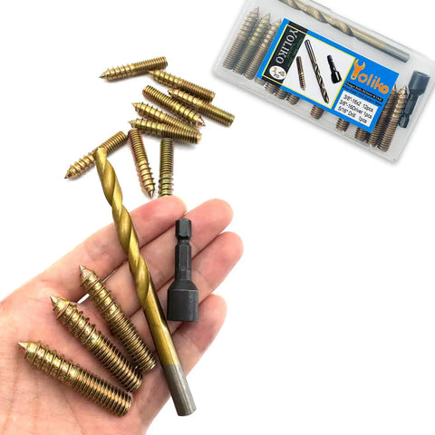 12 Pack Three Eighths Inch By Sixteen Threads Hanger Bolts With Pro Grade Alloy Steel Driver And HSS Twist Drill shown in hand