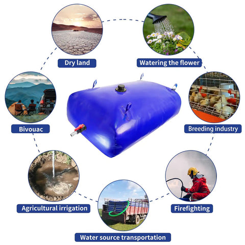 Heavy Duty 1000 Liter Foldable Water Storage Bladder Portable Tank for Camping RV Emergency Prep and Outdoor Use with example uses