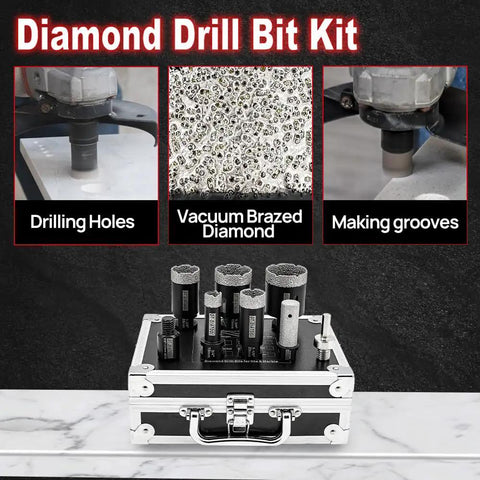 Diamond Core Drill Bit Set For Tile And Stone Includes 19mm 28mm 35mm 45mm 51mm Diamond Bits 20mm Finger Bit Two Adapters And Hole Saw For Precise Wet Or Dry Drilling shown in display case with detailed views of drilling process.