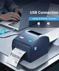 Built Like A Tank Thermal Shipping Label Printer Smashes Out Your 4x6 Labels At Six Ips With This Plug And Play USB Device connected to a laptop.