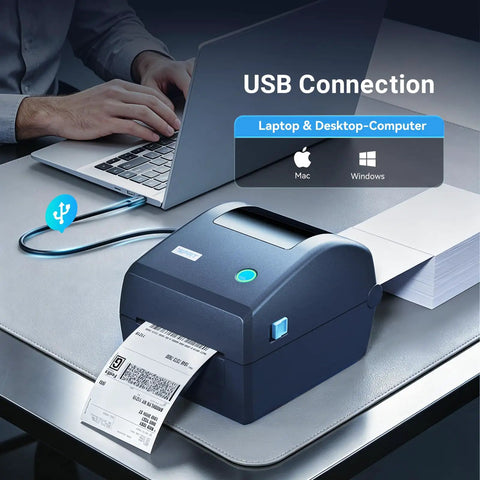 Built Like A Tank Thermal Shipping Label Printer Smashes Out Your 4x6 Labels At Six Ips With This Plug And Play USB Device connected to a laptop.