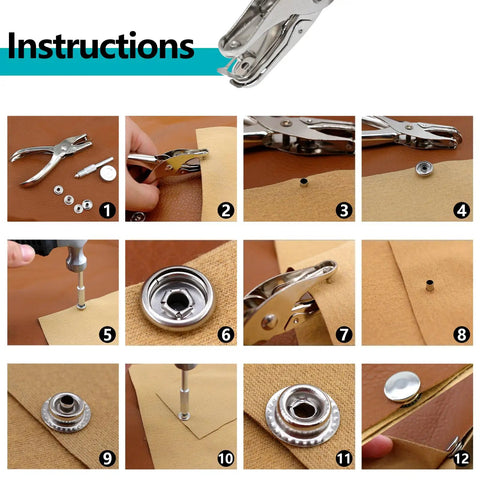 Step-by-step instructions for using the 324 Piece Canvas Snap Kit With Stainless Steel Marine Grade Snaps And Setting Tool Including Anvil Punch Flaring Tool And Pliers For DIY Leather Canvas Tent Boat Cover Sofa Bed Wall Furniture.