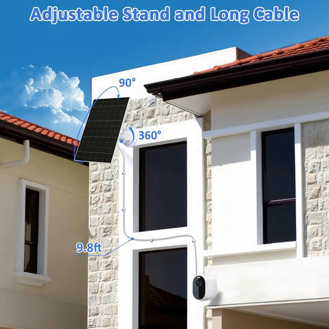6W Solar Panel For Arlo Cameras Compatible With Arlo Essential 2K 2Nd Gen Essential XL And Spotlight Cameras USB C To Micro USB Plug IP66 Waterproof Nine Point Eight Foot Cable Year Round Use mounted on house wall