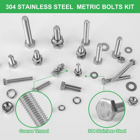 All In One 260 Piece Metric Hex Bolt And Nut Set M6 M8 M10 In 304 Stainless Steel With Case Includes Flat And Spring Washers Pro Grade DIY Projects Heavy Duty Fastening displayed with bolts, nuts, and washers.