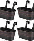 4 Pack Black Metal Hanging Flower Pots To Level Up Railing Decor Iron Planters With Drain Holes Rust Resistant pots with hooks.