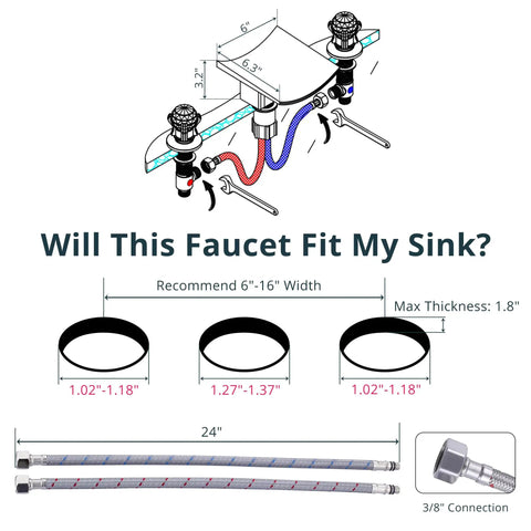 Technical diagram showing Waterfall Bathroom Faucet For 8 Inch Widespread 3 Hole Vanity Deck Mount With Two Crystal Handles, fittings and dimensions.