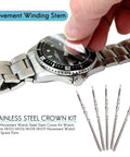 Five Piece Silver Steel Watch Stem Crown Kit For NH35 NH36 NH38 NH39 Movements visible with watch and spare parts