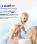 Smiling parent holding baby, text about DSTx Air Purifier efficiency and clean air, Clarifion branding in the image.