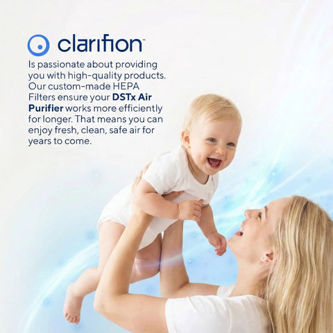 Smiling parent holding baby, text about DSTx Air Purifier efficiency and clean air, Clarifion branding in the image.